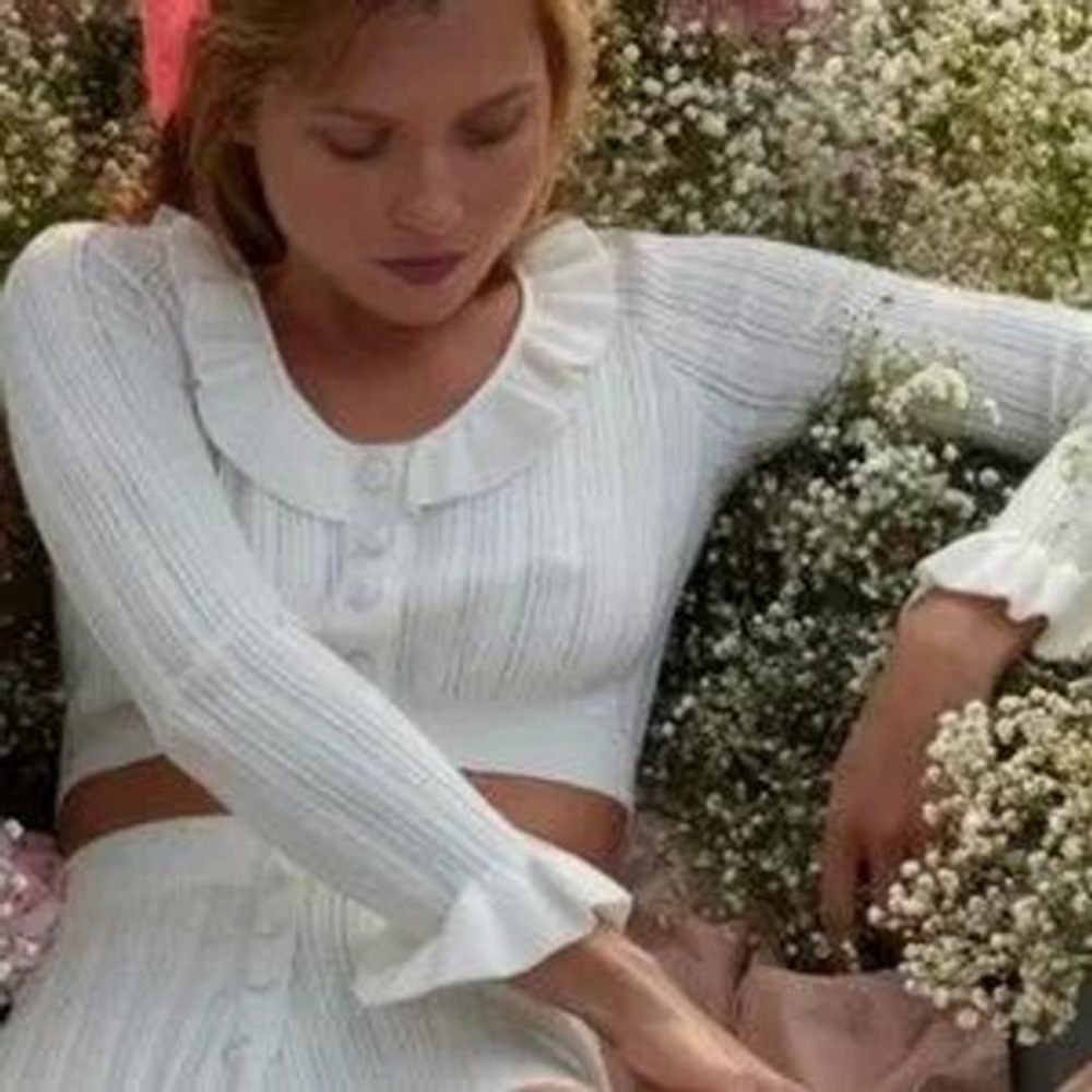 For Love & Lemons Camille Ruffle Cardigan Cropped Knit Button Up Sweater Top‎ S